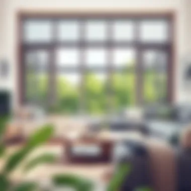 A modern living room with framed insect screens fitted in multiple windows