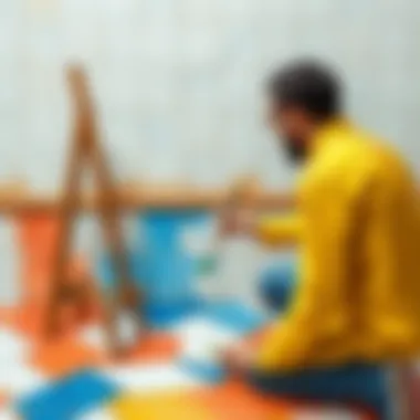 Artist applying oil paint on a tile surface
