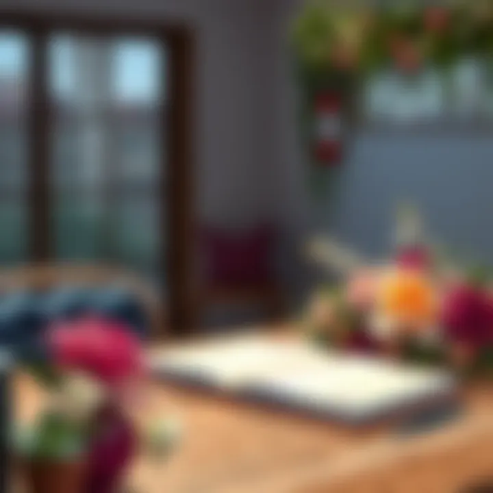 Personalized wedding planner with floral accents on a table.