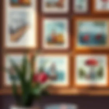 A close-up of framed photographs with unique styles