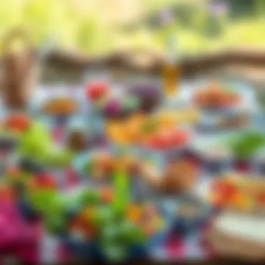 An assortment of colorful salads and snacks laid out on a picnic table