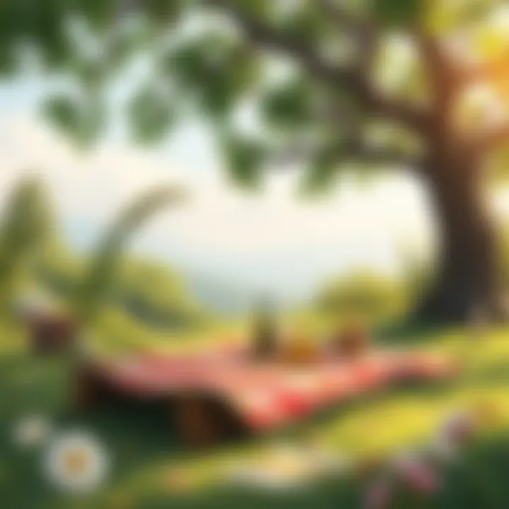 A serene outdoor setting with a picnic blanket spread under a large tree