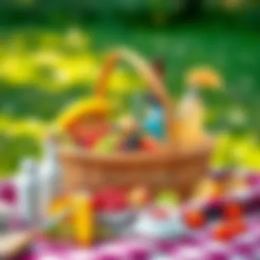 A beautifully arranged picnic basket filled with fresh fruits, sandwiches, and drinks