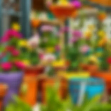 Vibrant flower pots arranged in a sunny garden