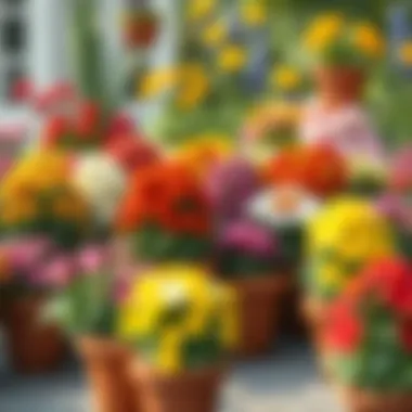 An array of colorful outdoor potted flowers