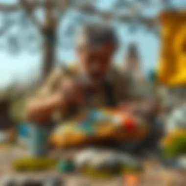 An artist applying paint to a stone with precision