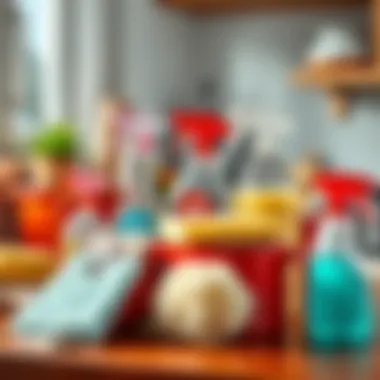 Cleaning materials arranged neatly on a countertop