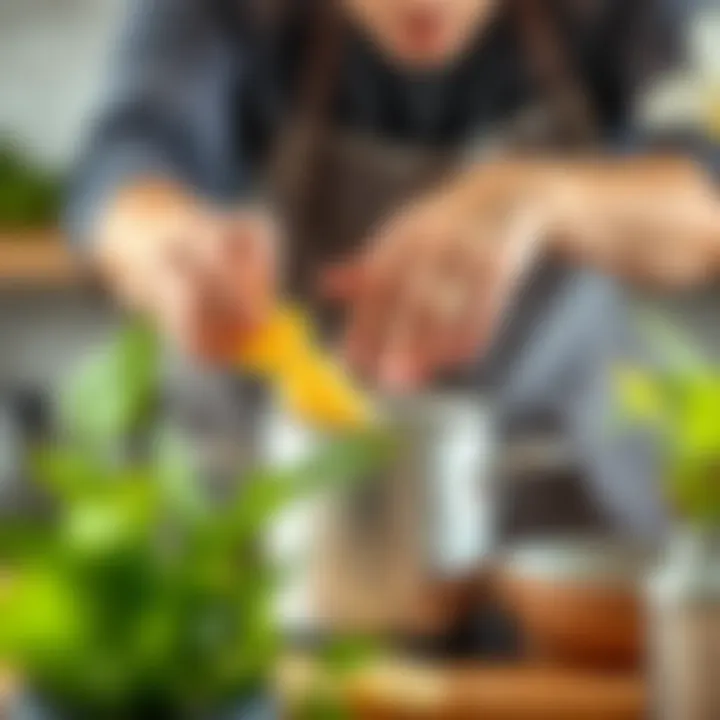 A person demonstrating a cleaning technique on a pot