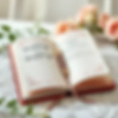 Elegant wedding planner notebook open with decorative designs.