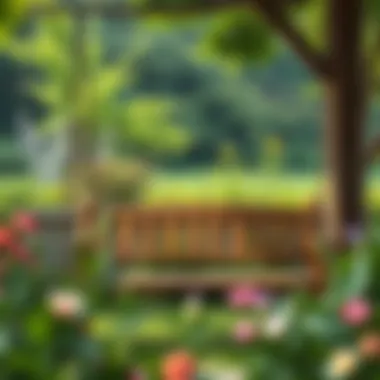 A wooden garden swing blending harmoniously with lush greenery.