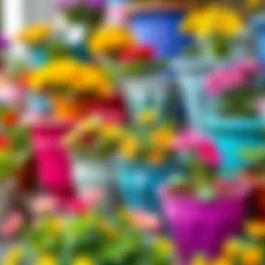 Close-up of various colorful flower pots